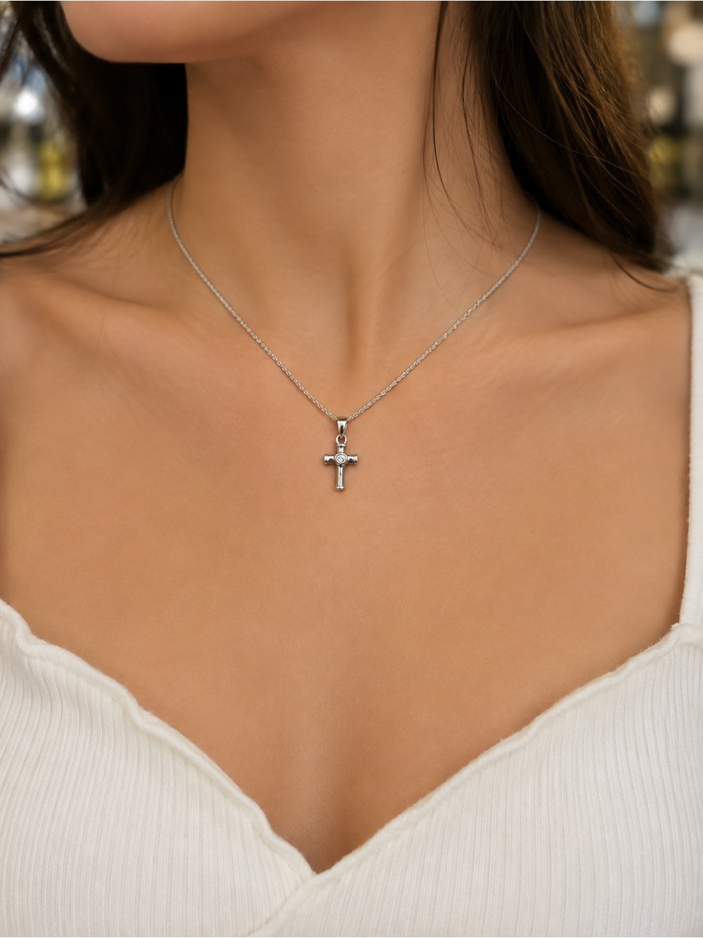 Petite Silver CZ Cross Pendant Necklace